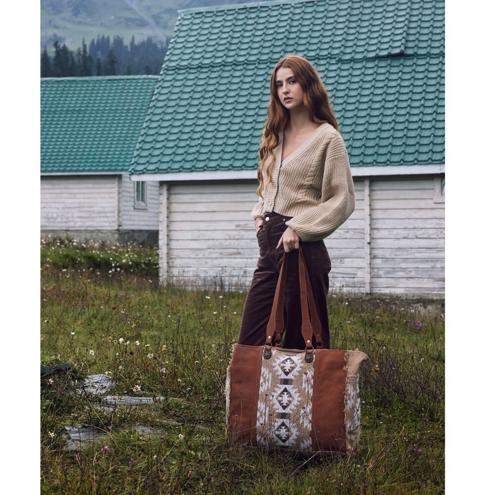 Myra Bag Handmade Camilla Weekender Bag Upcycled Canvas & Cowhide Leather